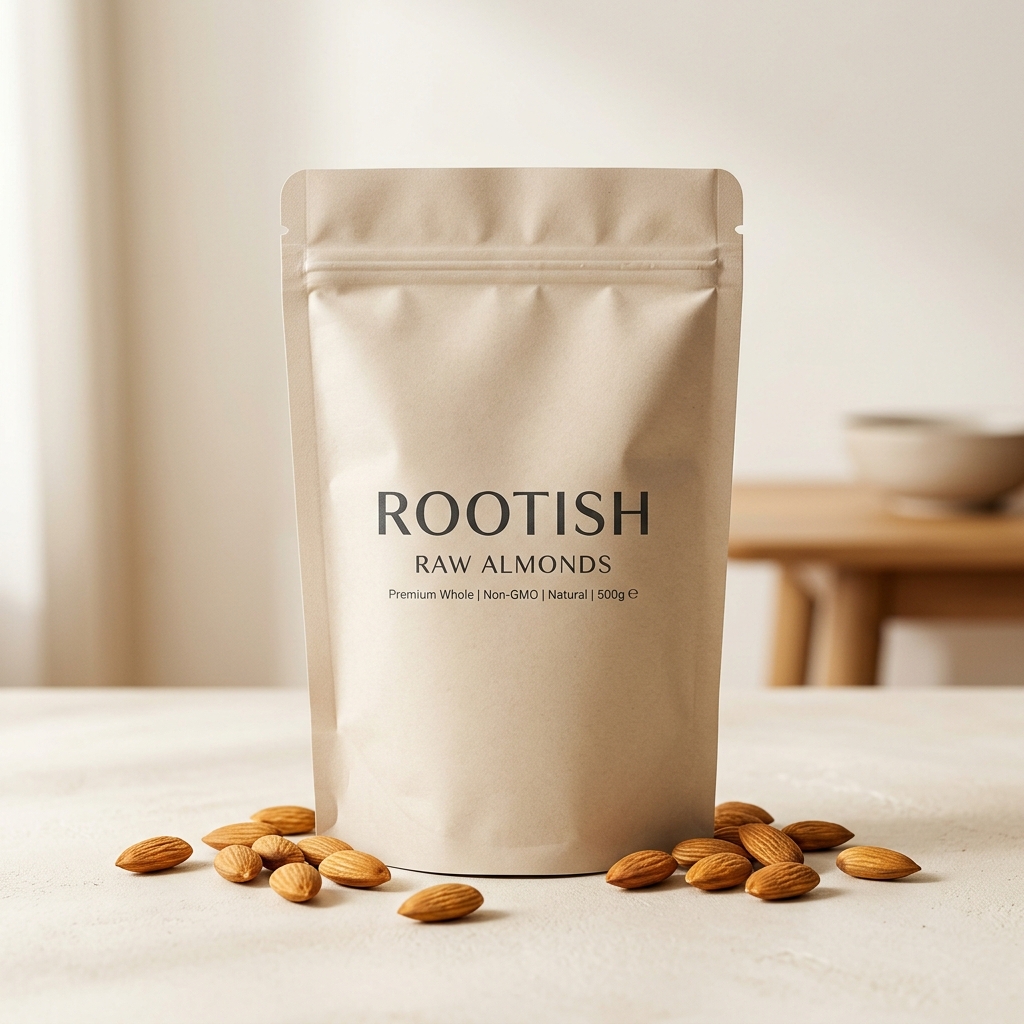 Rootish Raw Almonds 500g Pouch Front